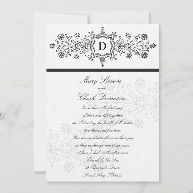 Black Vintage Flourish Wedding Invitation (Front)