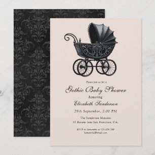 Black Vintage Gothic Stroller Baby Shower Invitation