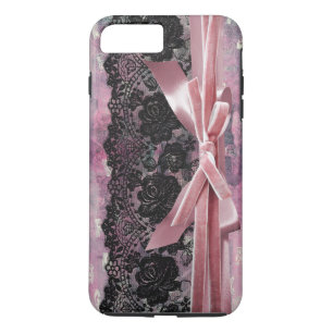 Black vintage lace -dots- pink ribbon iPhone 8 plus/7 plus case