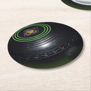 Black Vintage Lawn Bowls, Round Paper Coaster