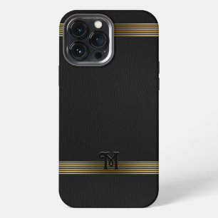Black Vintage Leather Texture Gold Stripes iPhone 13 Pro Max Case