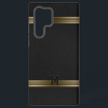 Black Vintage Leather Texture Gold Stripes Samsung Galaxy Case<br><div class="desc">Image of a vintage black leather texture background accented with gold stripes. Optional Monogram.</div>