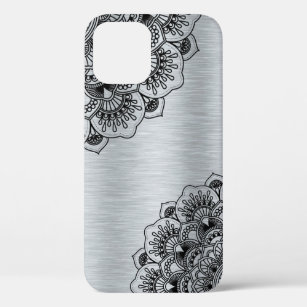 Black vintage mandala on silver brushed aluminium iPhone 12 pro case