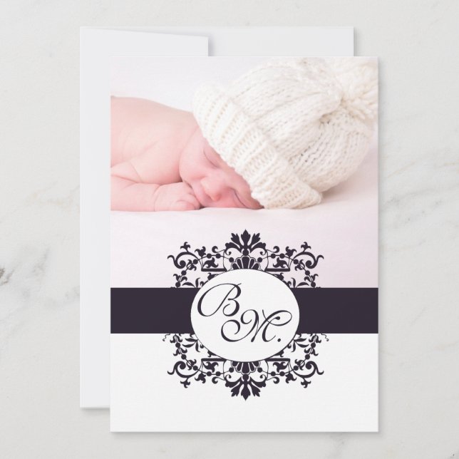 Black Vintage Monogram Baby Announcement & Photo (Front)