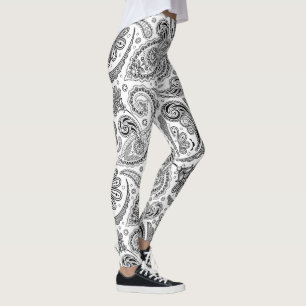 Black vintage paisley pattern on white leggings