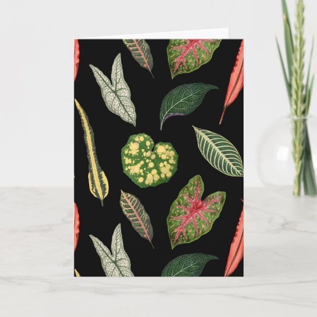 Black Vintage Plant Leaf Folded Greeting Card (Front)