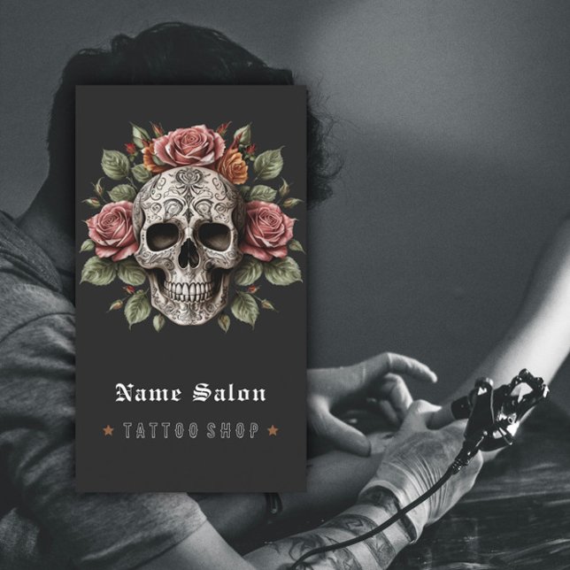Black Vintage Retro Modern Tattoo Artist Skull Business Card (Creator Uploaded)