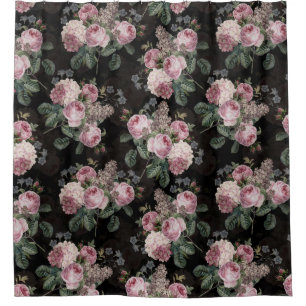 Black Vintage Rococo Roses Bouquets Garden Shower Curtain
