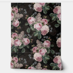 Black Vintage Rococo Roses Bouquets Garden Wallpaper