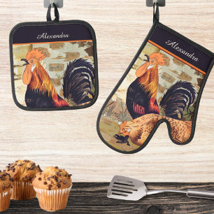 Black Vintage Rooster Personalised monogram name Oven Mitt & Pot Holder Set