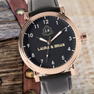 Black Vintage simple Monogram couple names Watch