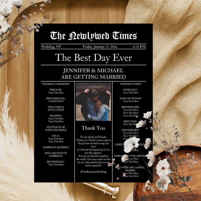 Black Vintage Traditional Newspaper Wedding Invitation (Creator Uploaded)