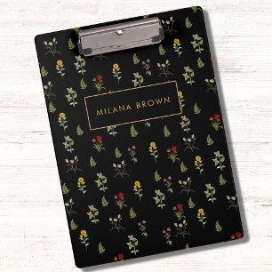 Black Vintage Wildflower Flower Pattern Clipboard