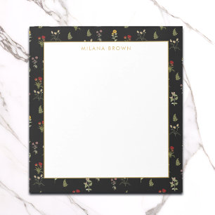 Black Vintage Wildflower & Gold Name Notepad