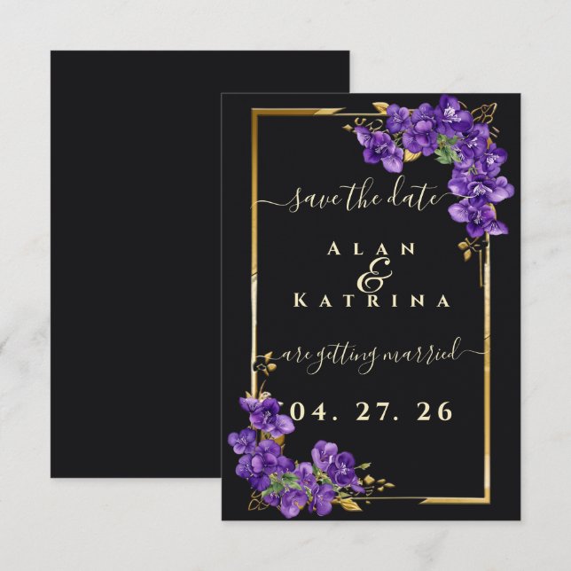 Black Violet Floral Gold Frame Save The Date (Front/Back)