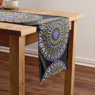 Black Violet Purple Faux Gold Mandala Pattern Medium Table Runner
