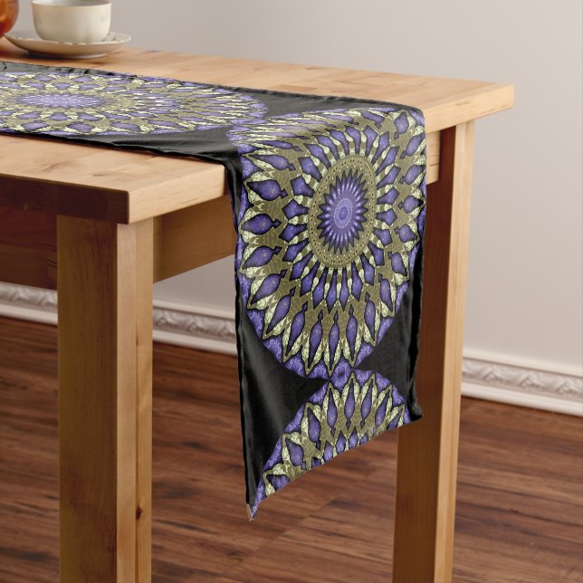 Black Violet Purple Faux Gold Mandala Pattern Medium Table Runner (In Situ)