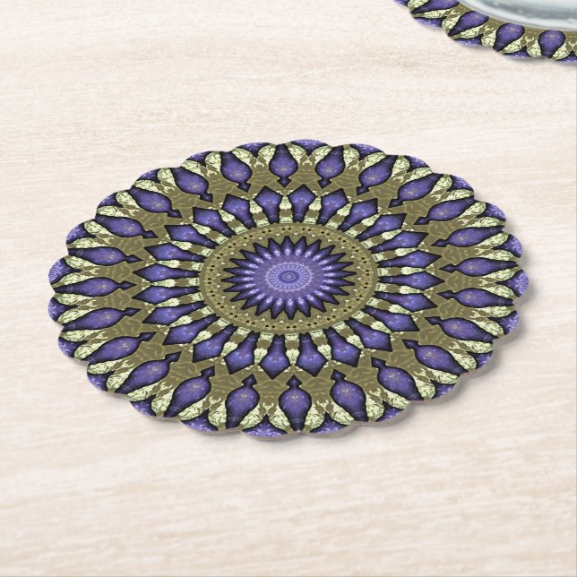 Black Violet Purple Faux Gold Mandala Pattern Paper Coaster (Angled)