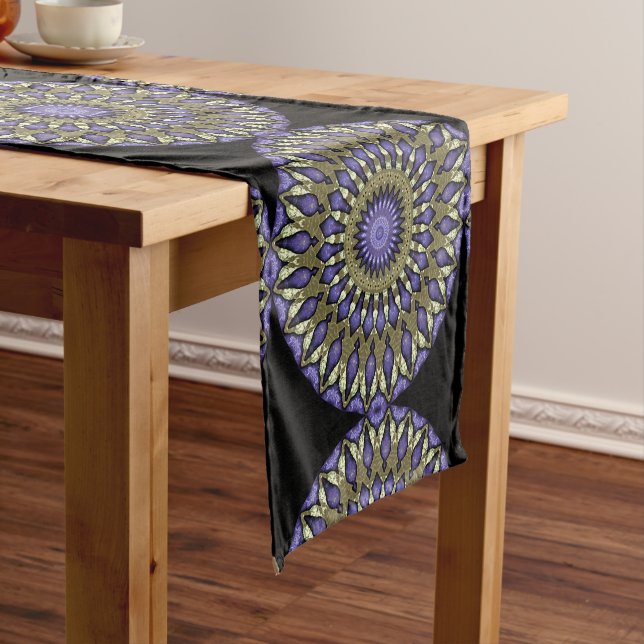 Black Violet Purple Faux Gold Mandala Pattern Short Table Runner (In Situ)