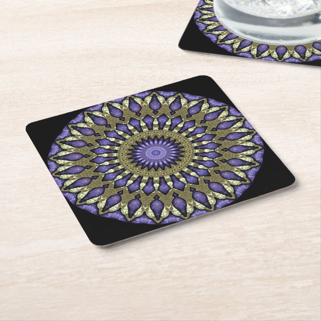 Black Violet Purple Faux Gold Mandala Pattern Square Paper Coaster (Angled)