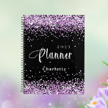 Black violet purple glitter name appointment 2025 planner<br><div class="desc">Black background. Violet,  purple faux glitter dust.  Personalise and add a year and name.  White letters.</div>