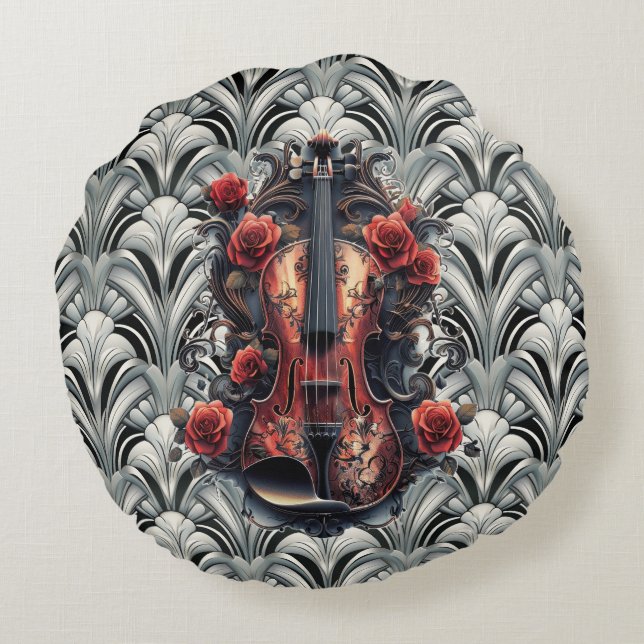 Black Violin in Art Deco GMajor Round Throw Pillow (Back)