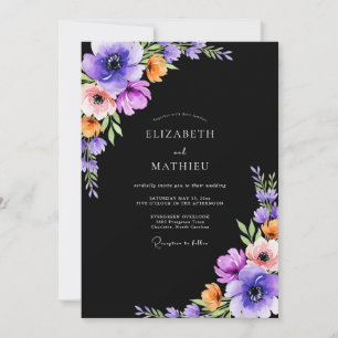 Black Vivid Floral Watercolor Wedding Invitation