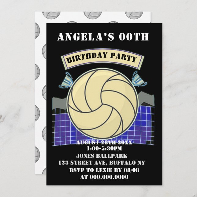 Black Volleyball Birthday Party Invites (Front/Back)