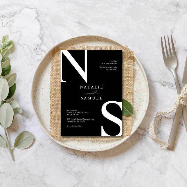 Black & W Minimalist Elegant Bold Initial Wedding Invitation (Creator Uploaded)