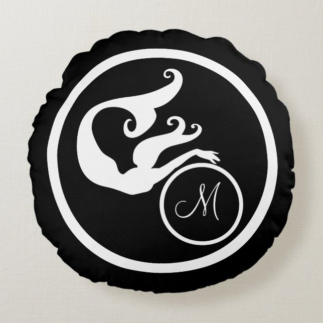 Black w/ Monogram initial white mermaid nautical Round Cushion (Front)