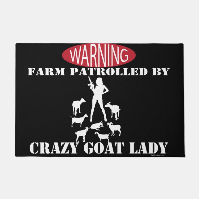 Black Warning Farm Patrolled by Crazy Goat Lady Doormat (Front)