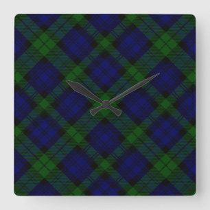 Black Watch clan tartan blue green plaid Square Wall Clock