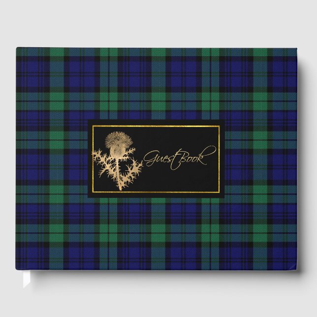 Black Watch Plaid and Thistle Wedding Guest Book (Front)
