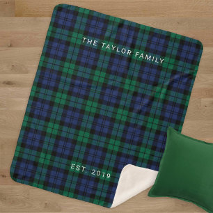 Black Watch Plaid Family Name Monogram Sherpa Blanket