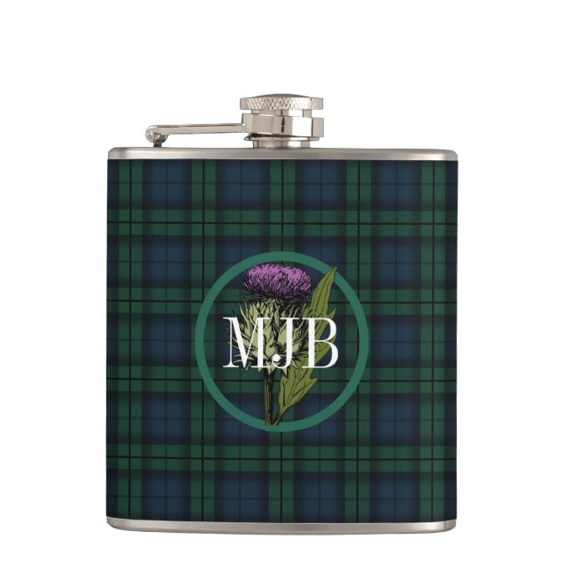 Black Watch Plaid Tartan Scottish Thistle Monogram Hip Flask (Front)