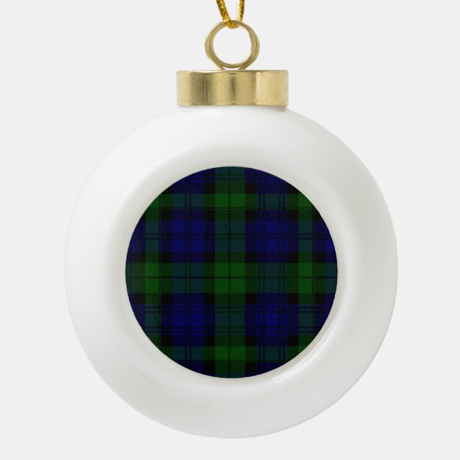 Black Watch Tartan Blue Green Plaid Ceramic Ball Christmas Ornament (Front)