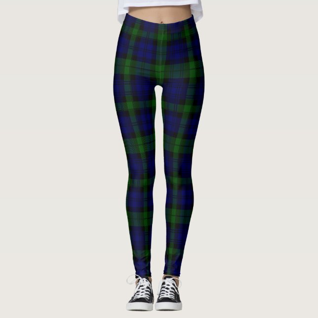 Black Watch Tartan Blue Green Plaid Leggings (Front)