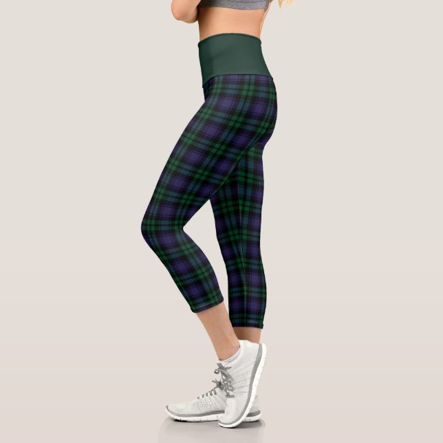 Black Watch Tartan, Plaid Capri Leggings (Left)