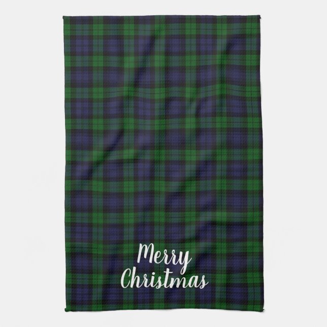 Black Watch Tartan Plaid Merry Christmas Tea Towel (Vertical)
