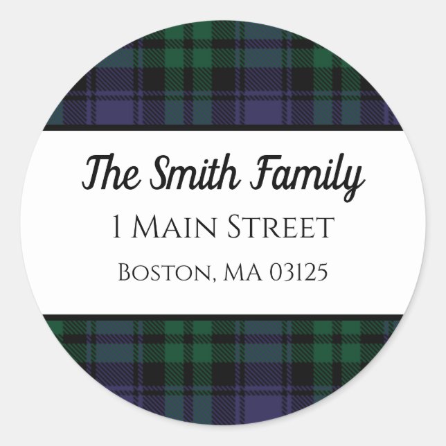 Black Watch Tartan, Plaid Return Address Classic Round Sticker (Front)