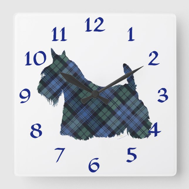 Black Watch Tartan Scottish Terrier Square Wall Clock (Front)