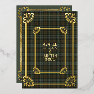 Black Watch Weathered Tartan Gold Foil Invitation