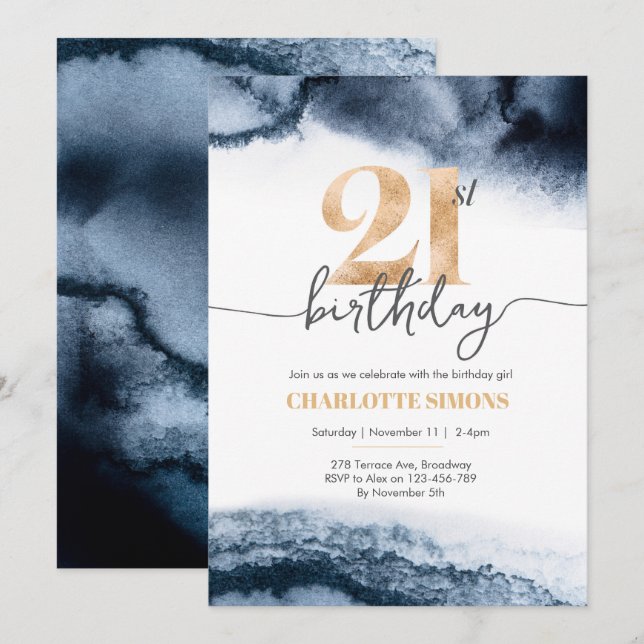 Black Watercolor 21st birthday invitation (Front/Back)