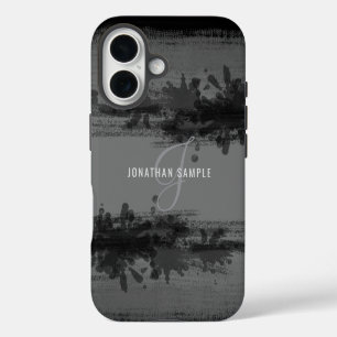 Black watercolor abstract painting grey monogram iPhone 16 case