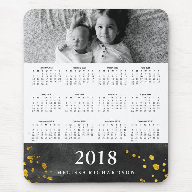 Black Watercolor and Gold 2018 Calendar | Photo Mouse Pad (Front)
