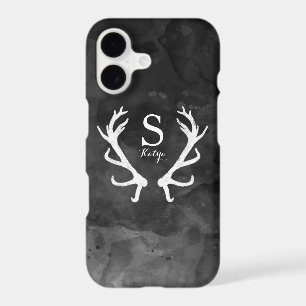 Black Watercolor and Rustic Deer Antlers Monogram