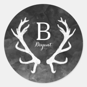 Black Watercolor and Rustic Deer Antlers Monogram Classic Round Sticker