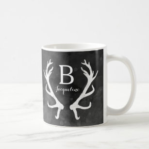Black Watercolor and Rustic Deer Antlers Monogram Coffee Mug