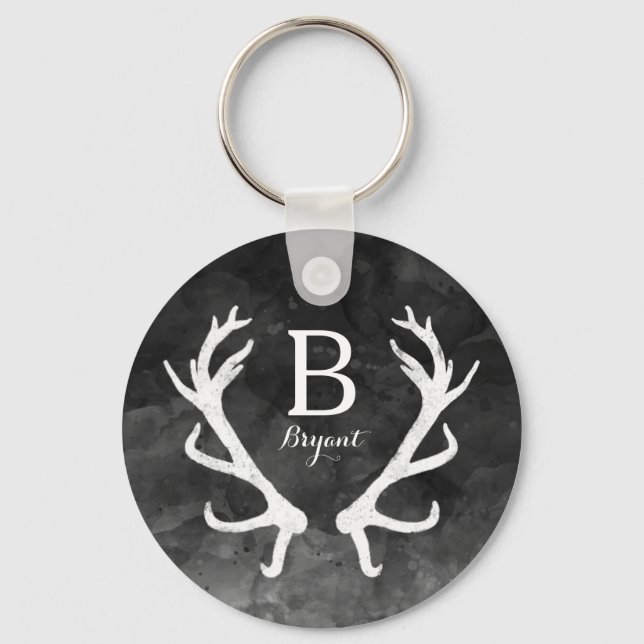 Black Watercolor and Rustic Deer Antlers Monogram Key Ring (Front)