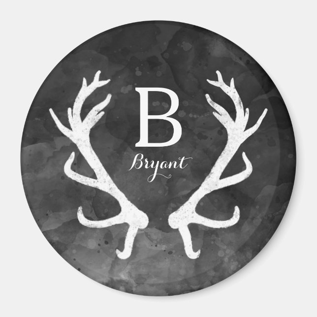 Black Watercolor and Rustic Deer Antlers Monogram Magnet (Front)